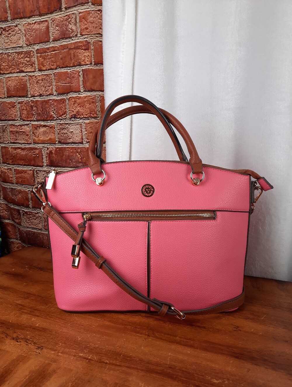 Anne Klein Pink Tote with Brown Trim and Gold Hardware